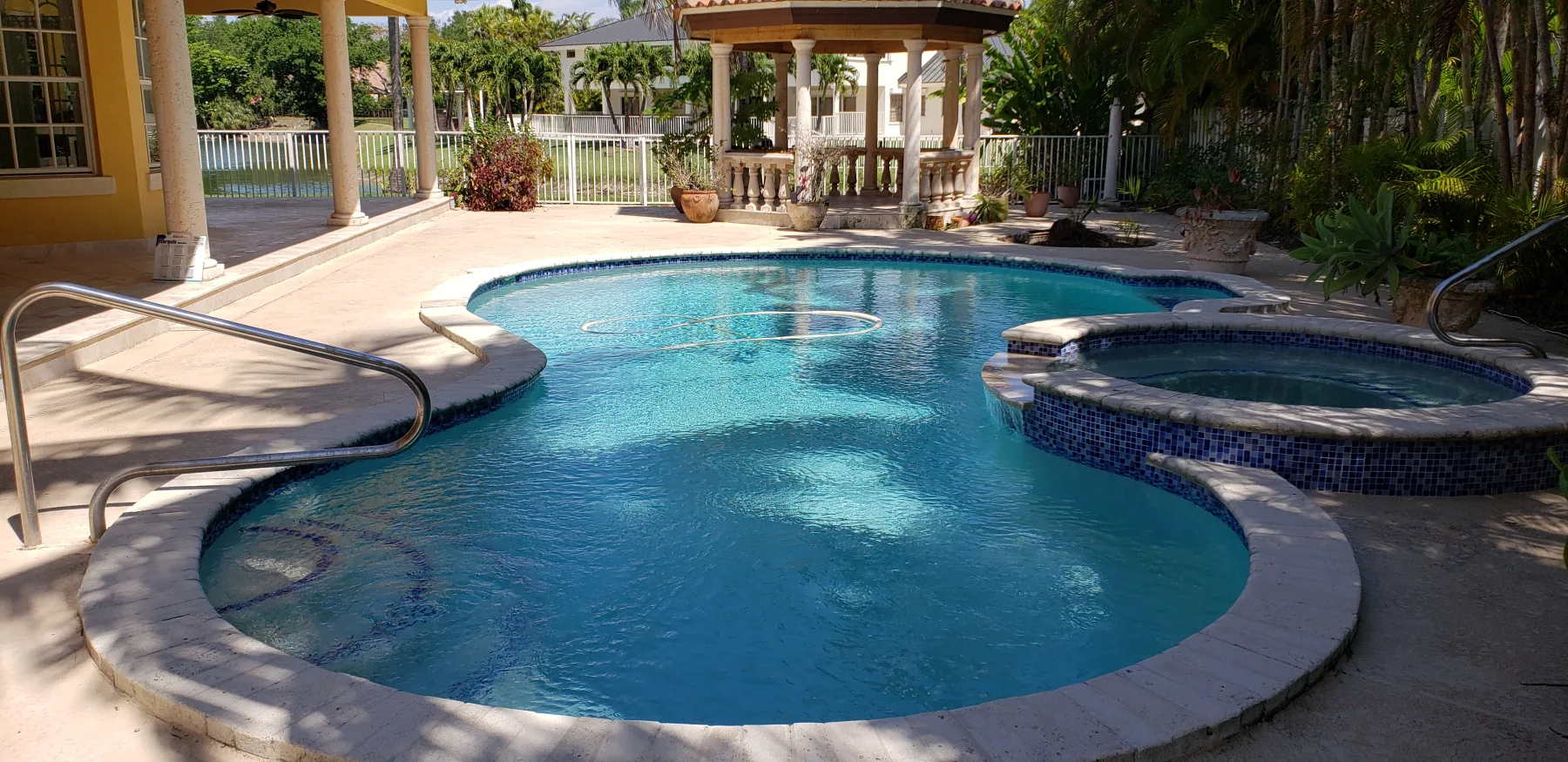 Freeform backyard pool with raised rounded spa