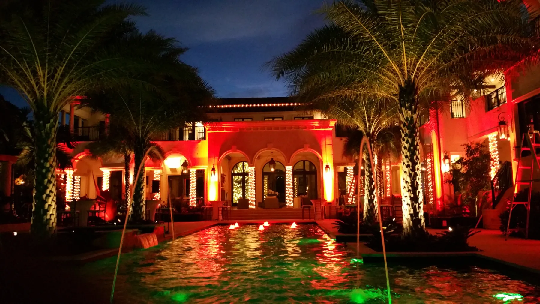 Home entrance and palms illuminated with colorful holiday lights